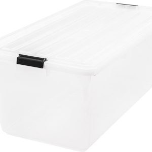 91 Quart Large Storage Bin Utility Tote Organizing Container Box with Buckle Down Lid for Clothes Storage, 4 Pack, Clear