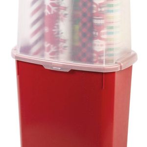 40" Wrapping Paper Storage Container with Built-in Handles, Clear/Red